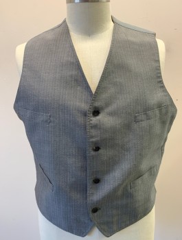 Mens, 1920s Vintage, Suit, Vest, SIAM COSTUMES MTO, Gray, Lavender Purple, Wool, Stripes - Pin, 48, 4 Buttons, V-neck, 4 Pockets, Cream Pinstriped Lining, Solid Gray Linen Back, Belted Back Waist,
