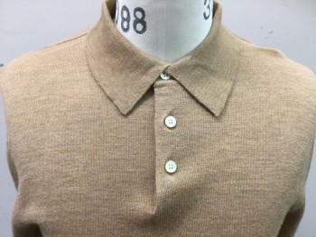 Mens, Pullover Sweater, TURNBERRY, Tan Brown, Wool, Solid, 38, Small, Polo, 3 Buttons,  Long Sleeves,