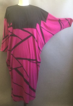 CHEZ, Magenta Pink, Black, Polyester, Abstract , Jersey Knit, Solid Black at Shoulders,  Oversized One Size Fits Most, Long Dolman Sleeves, Round Neck, Ankle Length