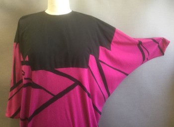 CHEZ, Magenta Pink, Black, Polyester, Abstract , Jersey Knit, Solid Black at Shoulders,  Oversized One Size Fits Most, Long Dolman Sleeves, Round Neck, Ankle Length