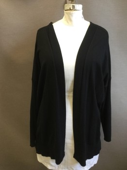 LANE BRYANT, Black, Rayon, Nylon, Solid, Open Front, Ribbed Knit Placket, Drop Sleeve, Ribbed Knit Long Sleeves/Waistband, Center Back Seam, V Neck Back