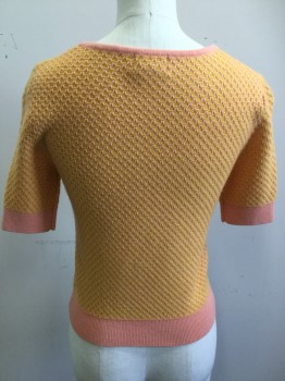 Womens, Pullover, H&M, Dijon Yellow, Peachy Pink, Iridescent Yellow, Wool, Polyester, Novelty Pattern, 2, Short Sleeves, Crew Neck, Chain Link Texture Knit,