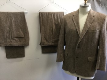 Mens, 1950s Vintage, Suit, Jacket, MTO, Brown, Taupe, Beige, Wool, Tweed, 44R, Single Breasted, 2 Buttons,  3 Pockets, Center Back Vent, Notched Lapel, 1 Jacket & 2 Pairs of Pants