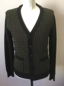 Mens, Cardigan Sweater, ROGUES GALLERY, Black, Olive Green, Wool, Check , Solid, M, Olive and Black Checked Pattern Front, Solid Black Long Sleeves and Back, Knit, V-neck, 6 Buttons at Front, 2 Welt Pockets