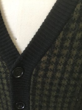 Mens, Cardigan Sweater, ROGUES GALLERY, Black, Olive Green, Wool, Check , Solid, M, Olive and Black Checked Pattern Front, Solid Black Long Sleeves and Back, Knit, V-neck, 6 Buttons at Front, 2 Welt Pockets