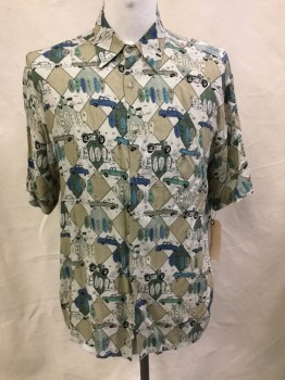 CAMPIA, Tan Brown, Beige, Blue, Olive Green, Black, Rayon, Diamonds, Novelty Pattern, Button Front, Short Sleeves, Collar Attached, 1 Pocket, Car and Motorcycle Print