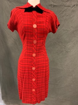 NO LABEL, Red, Black, Cotton, Polyester, Plaid, Faux Button Front, with Black velvet Bow tie Attached, Collar Attached, Back Zipper Short Sleeves,