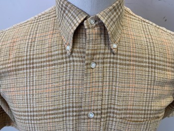 DUNNS, Cream, Lt Brown, Orange, Yellow, Wool, Plaid, Briar Tweed Woven, Button Front, Short Sleeves, Button Down Collar Attached, 1 Pocket, Collar is Worn & Slightly Distressed,