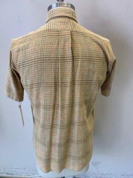 DUNNS, Cream, Lt Brown, Orange, Yellow, Wool, Plaid, Briar Tweed Woven, Button Front, Short Sleeves, Button Down Collar Attached, 1 Pocket, Collar is Worn & Slightly Distressed,