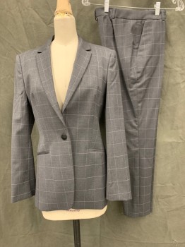 HUGO BOSS, Dk Gray, White, Wool, Polyamide, Grid , Single Breasted, Collar Attached, Notched Lapel, 1 Button, 2 Welt Pockets