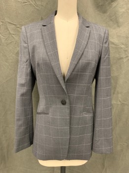 HUGO BOSS, Dk Gray, White, Wool, Polyamide, Grid , Single Breasted, Collar Attached, Notched Lapel, 1 Button, 2 Welt Pockets