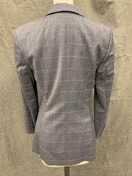 Womens, Suit, Jacket, HUGO BOSS, Dk Gray, White, Wool, Polyamide, Grid , 2, Single Breasted, Collar Attached, Notched Lapel, 1 Button, 2 Welt Pockets