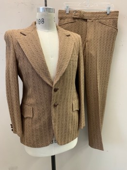 LAZETTI, Khaki Brown, Beige, White, Polyester, Cable Knit, Wavy Vertical Stripe Pattern, Notched Lapel, Single Breasted, Button Front, 2 Buttons, 3 Pockets, Belted Back