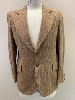 Mens, 1970s Vintage, Suit, Jacket, LAZETTI, Khaki Brown, Beige, White, Polyester, Cable Knit, 36S, Wavy Vertical Stripe Pattern, Notched Lapel, Single Breasted, Button Front, 2 Buttons, 3 Pockets, Belted Back