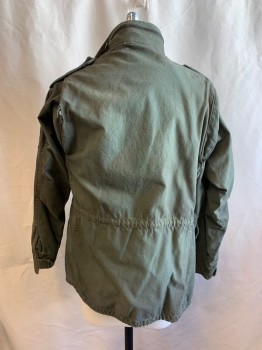Mens, Casual Jacket, ROTHCO, Olive Green, Cotton, Solid, S Reg, Military Style Jacket, Zip Front, Zip at Collar, 4 Patch Pockets, Variety of Patches (Vietnam Veteran), Aged