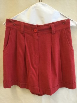 Womens, Shorts, VERA CONDOTTI, Red, Viscose, Linen, Solid, W:27, 1-3/4" Waistband with Belt Hoops, 2 Pleat Front, 2 Wedge Pockets Front, Cuff Hem,