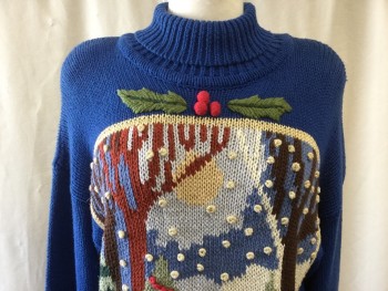RICHARD AND COMPANY, Blue, Gold, Green, Red, Ramie, Cotton, Holiday, Christmas Sweater Dress, Knit, Long Sleeves, Turtleneck, W/ Metallic Embroidery, Shoulder Pads,