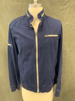 Mens, Casual Jacket, ALL-SON, Navy Blue, Cotton, Solid, M, White Zip Front, Stand Collar with White Zipper Detail, 3 Pockets, 1 White Zip Sleeve Pocket, Ribbed Knit Waistband/Cuff