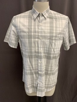 CALIBRATE, Lt Gray, White, Cotton, Plaid, Button Front, Collar Attached, 1 Welt Pocket, Short Sleeves