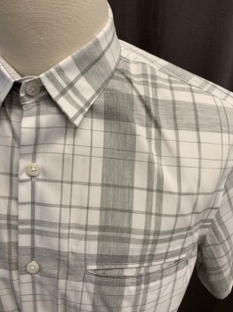 CALIBRATE, Lt Gray, White, Cotton, Plaid, Button Front, Collar Attached, 1 Welt Pocket, Short Sleeves