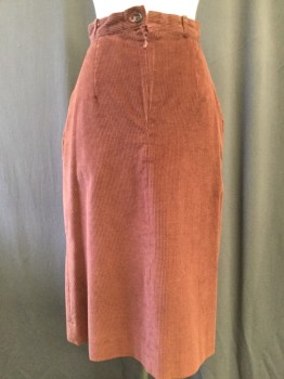 COTTAGE TAILOR, Brick Red, Cotton, Solid, A-line, Inverted Box Pleat Center Front, 2 Pockets,  Waistband, Belt Loops, Back Zipper, Wide Wale Corduroy