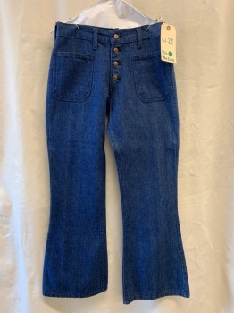 Womens, Jeans, THE GUYS, Denim Blue, Cotton, Solid, H:38, W:29, I:30, Medium Blue Unfaded Denim, Bell Bottom, High Waist, Exposed Button Fly, 4 Large Patch Pockets (2 in Front/2 in Back),