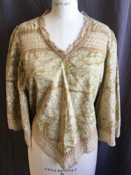 N/L, Beige, Lt Brown, Dk Brown, Cotton, Human Figure, Animal Print, (DOUBLE)  Aged/distress, Dark Brown Outline Little Boys/girls with Cats/fishes/birds Print, Circle Connected Cream Lace and 1/2" Tan Ribbon Trim  V-neck, Upper Chest, 3/4 Sleeves & Chevron Hem