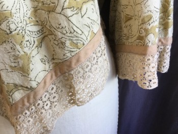 N/L, Beige, Lt Brown, Dk Brown, Cotton, Human Figure, Animal Print, (DOUBLE)  Aged/distress, Dark Brown Outline Little Boys/girls with Cats/fishes/birds Print, Circle Connected Cream Lace and 1/2" Tan Ribbon Trim  V-neck, Upper Chest, 3/4 Sleeves & Chevron Hem