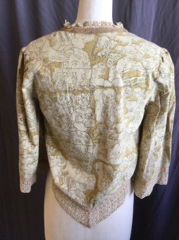 Womens, Blouse, N/L, Beige, Lt Brown, Dk Brown, Cotton, Human Figure, Animal Print, B:34, (DOUBLE)  Aged/distress, Dark Brown Outline Little Boys/girls with Cats/fishes/birds Print, Circle Connected Cream Lace and 1/2" Tan Ribbon Trim  V-neck, Upper Chest, 3/4 Sleeves & Chevron Hem