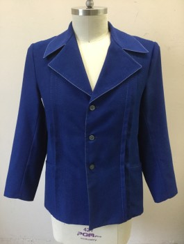 REAL SPORT, Royal Blue, Polyester, Solid, 3 Buttons, Wide Notched Lapel, White Top Stitching, 3 Vertical Pleats at Either Side of Front, 2 Pockets, Western Style Yoke in Back,