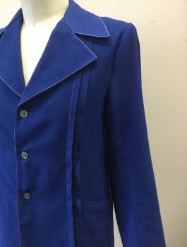 REAL SPORT, Royal Blue, Polyester, Solid, 3 Buttons, Wide Notched Lapel, White Top Stitching, 3 Vertical Pleats at Either Side of Front, 2 Pockets, Western Style Yoke in Back,