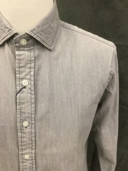 POLO, Lt Gray, Cotton, Solid, Button Front, Collar Attached, Long Sleeves, Button Cuff