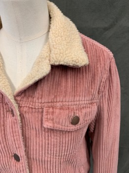 ZARA KIDS, Pink, Tan Brown, Cotton, Solid, Pink Corduroy, Tan Fleece Lining/Collar, 4 Pockets, Button Front, L/S, Button Cuff, 2 Pockets