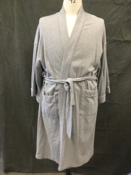 Mens, Bathrobe, COVINGTON, Medium Gray, Cotton, Polyester, Solid, O/S, Waffle Knit, Open Front, 3/4 Sleeve, 2 Pockets, Self Belt Attached at Back Waist, Belt Loops