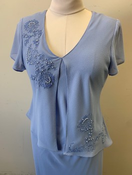 Womens, Evening Gown, POSITIVE ATTITUDE, Lavender Purple, Polyester, Beaded, Solid, Sz.10P, Crepe Texture Chiffon, Short Sleeves, Floral Appliques with Pearl Beads at Shoulder and Hip, Attached "Overlayer" Open at Center Front, V-neck, Ankle Length, Padded Shoulders, Mother of the Bride, Mature Fashion