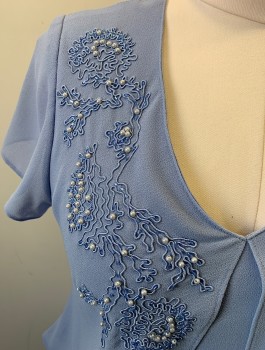 Womens, Evening Gown, POSITIVE ATTITUDE, Lavender Purple, Polyester, Beaded, Solid, Sz.10P, Crepe Texture Chiffon, Short Sleeves, Floral Appliques with Pearl Beads at Shoulder and Hip, Attached "Overlayer" Open at Center Front, V-neck, Ankle Length, Padded Shoulders, Mother of the Bride, Mature Fashion