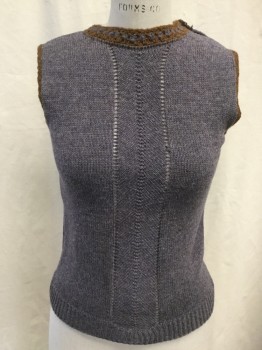 Womens, Sweater, N/L, Purple, Brown, Wool, Heathered, XS, Heather Purple Sleeveless Pullover, Ribbed Knit Waistband Dips Down at Center Front, Brown/Purple Neck, Brown Armholes, Button and Snap Shoulder Closure, Doubles,
