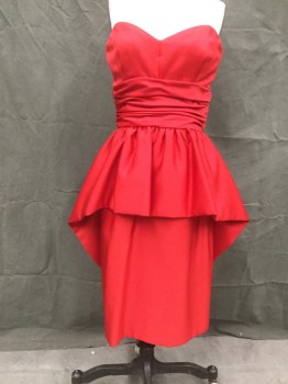 Womens, Cocktail Dress, VICTOR COSTA, Cherry Red, Polyester, Solid, W 24, B 32, Strapless, Sweetheart, Horizontal Gathered Waistband, Pencil Skirt with Gathered Peplum, Peplum Longer in Back to Hem, Zip Back, Corset Strapless Bra Attached Interior, (Tag Says Size 8 But is Mor Like a 2)