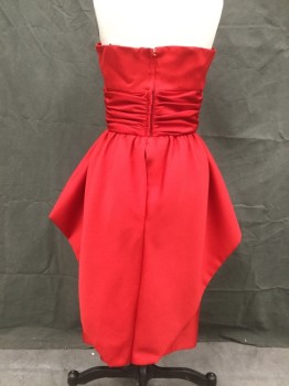 Womens, Cocktail Dress, VICTOR COSTA, Cherry Red, Polyester, Solid, W 24, B 32, Strapless, Sweetheart, Horizontal Gathered Waistband, Pencil Skirt with Gathered Peplum, Peplum Longer in Back to Hem, Zip Back, Corset Strapless Bra Attached Interior, (Tag Says Size 8 But is Mor Like a 2)