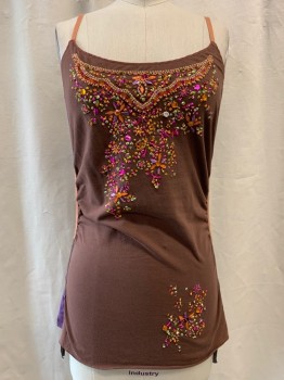 Womens, Top, A COMMON THREAD, Brown, Cotton, Spandex, Floral, S, Scoop Neck, Adjustable Spaghetti Straps, Beaded & Embroidered Pattern on Front, Red Stitching on Neckline, Purple, Tan, & DK. Brown Trim on Sides, Side Slits