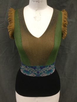 N/L, Green, Black, Teal Blue, Taupe, Gold, Wool, Color Blocking, Sleeveless, V-neck, Turmeric Yellow/Gold Ribbed Knit Center, Green Sides, Turmeric/Silver Armhole Fringe, Tealblue/Purple/Taupe Leaf Knit Waistband, Solid Black Lower Waist