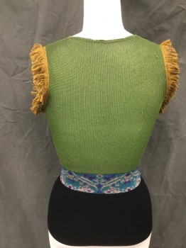 N/L, Green, Black, Teal Blue, Taupe, Gold, Wool, Color Blocking, Sleeveless, V-neck, Turmeric Yellow/Gold Ribbed Knit Center, Green Sides, Turmeric/Silver Armhole Fringe, Tealblue/Purple/Taupe Leaf Knit Waistband, Solid Black Lower Waist