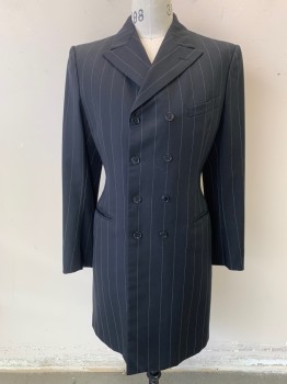 MTO, Black, White, Wool, Stripes - Pin, Double Breasted, 8  Buttons,  Peaked Lapel, 3 Pockets, Extra Long Body, Zoot Suit, Gangster, Or Undertaker