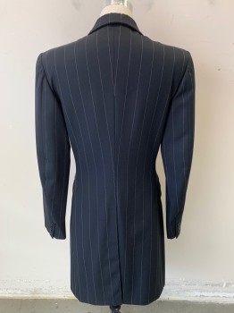 MTO, Black, White, Wool, Stripes - Pin, Double Breasted, 8  Buttons,  Peaked Lapel, 3 Pockets, Extra Long Body, Zoot Suit, Gangster, Or Undertaker