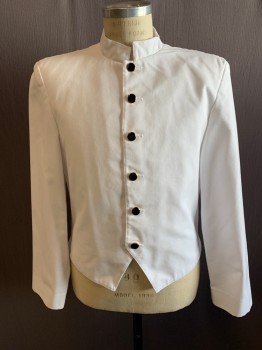 Mens,  Waiter Jacket, CINTAS, White, Poly/Cotton, Solid, M, Black/Gold Button Front, Mandarin Collar, Long Sleeves, Shoulder Pads