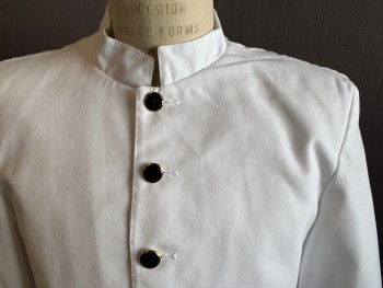 Mens,  Waiter Jacket, CINTAS, White, Poly/Cotton, Solid, M, Black/Gold Button Front, Mandarin Collar, Long Sleeves, Shoulder Pads