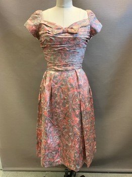 Womens, Dress, Abe Schrader, Gray, Rose Pink, White, Polyester, Floral, W24, B32, Cap Sleeves, Sweetheart Neckline, Pleated Chest with Bow, Back Zipper,