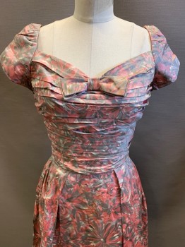 Womens, Dress, Abe Schrader, Gray, Rose Pink, White, Polyester, Floral, W24, B32, Cap Sleeves, Sweetheart Neckline, Pleated Chest with Bow, Back Zipper,