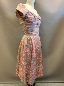 Abe Schrader, Gray, Rose Pink, White, Polyester, Floral, Cap Sleeves, Sweetheart Neckline, Pleated Chest with Bow, Back Zipper,