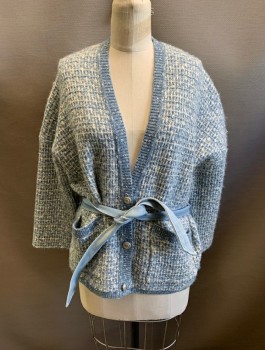 MAJE, Baby Blue, White, Silver, Cotton, Acrylic, Knit, V-N, Single Breasted, Button Front, L/S, 2 Pockets, with Denim Belt